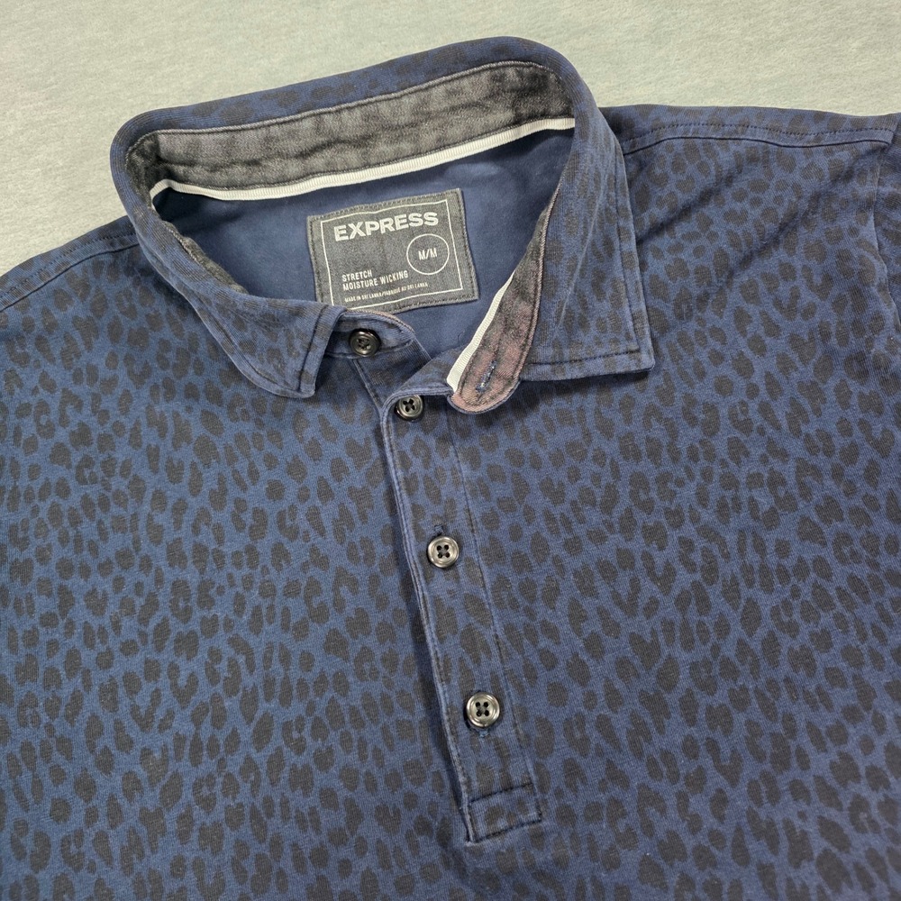 Express Mens Navy Blue Leopard Print Stretch Moisture Wicking Polo Shirt Medium